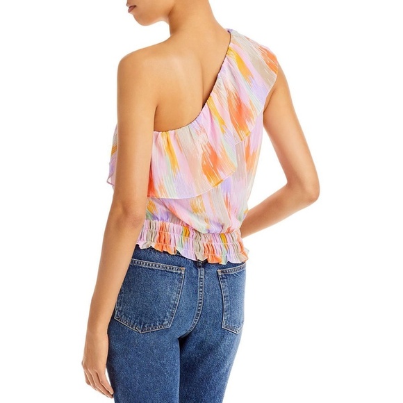 Aqua Womens Smocked Waist Ruffled One Shoulder Peasant Top Shirt - Picture 2 of 3